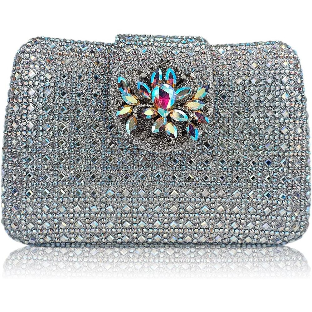 Women's Silver Sparkly Rhinestone Unique Evening Floral Clutch Shoulder Handbag